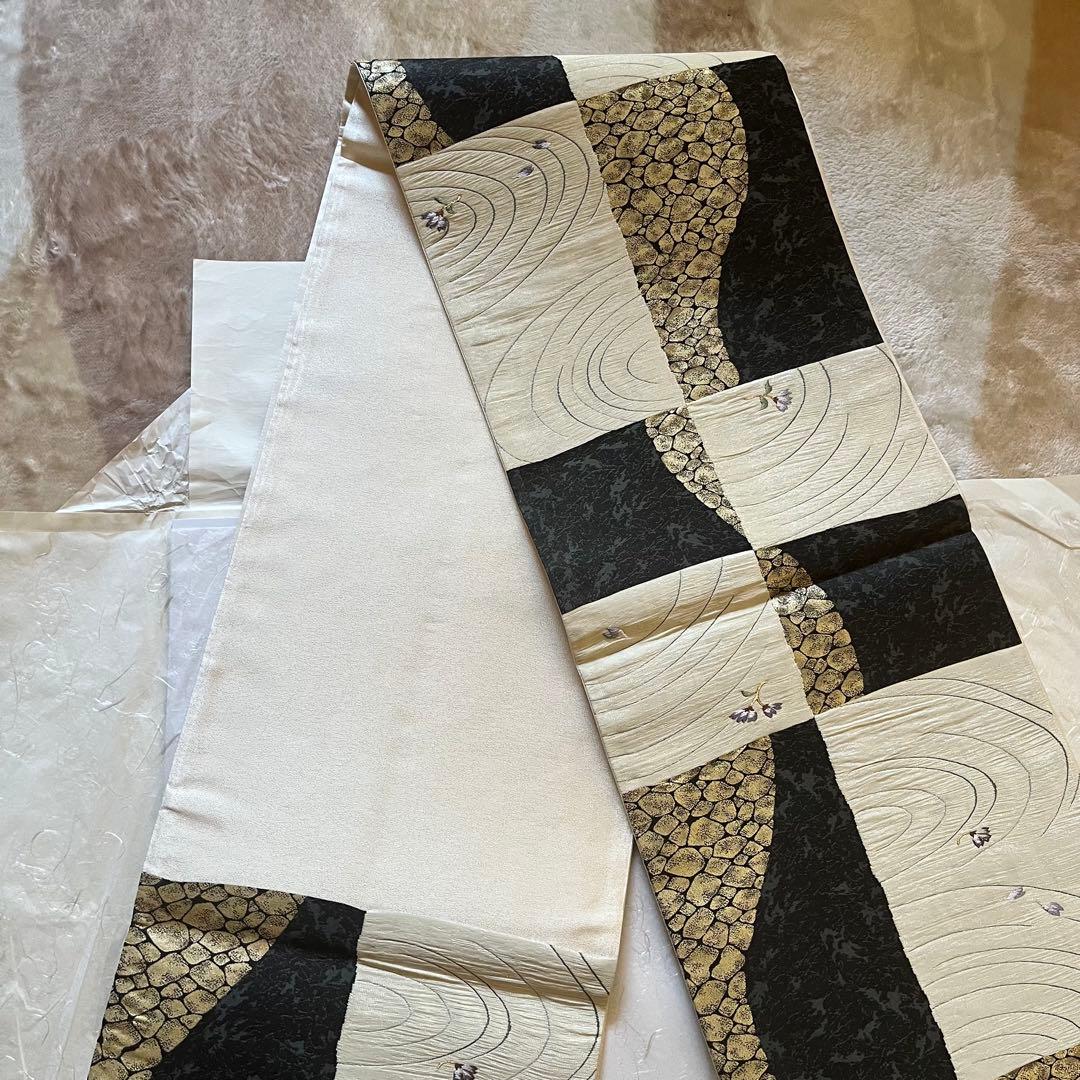 深*鈴様 未使用　袋帯 波模様 黒白　みつる帯　河瀬満織物