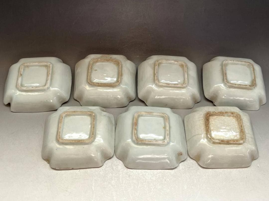 小皿■出石焼（江戸～明治）古い白磁四方皿角皿 7枚 龍 傷有 時代物 骨董品■