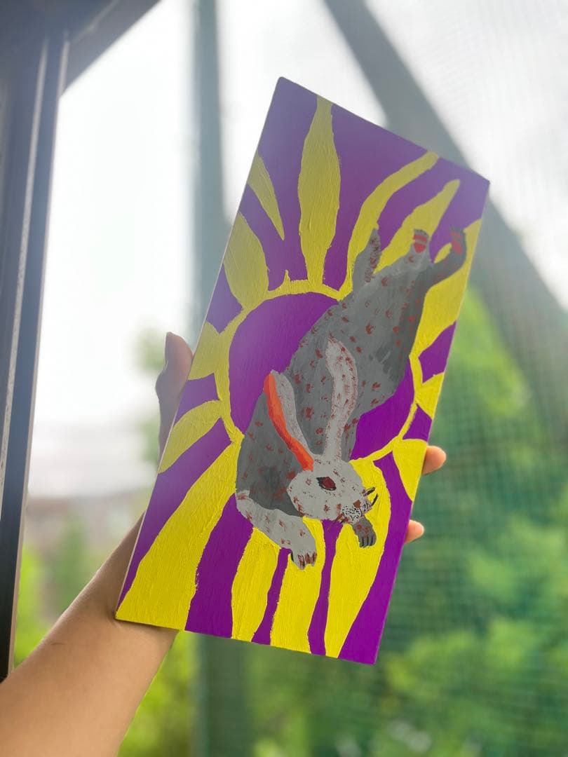 「日章兎 原画 手描きアート 兎 絵画 インテリア 木製パネル」