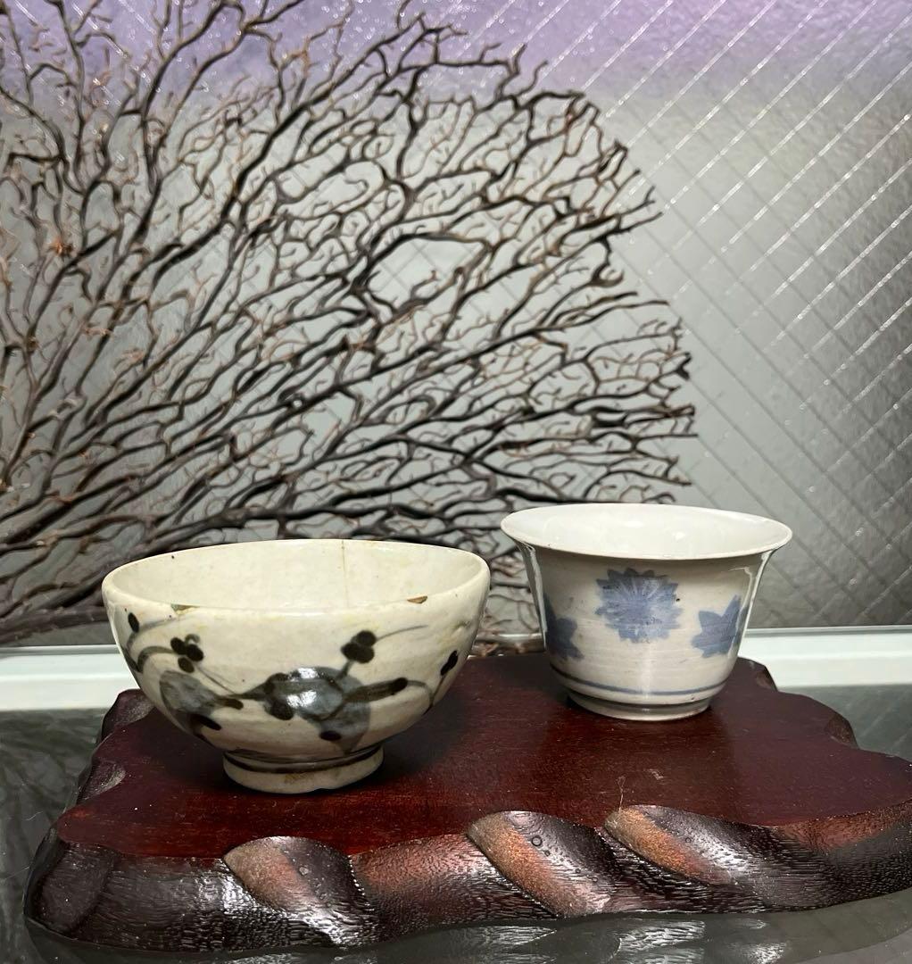 骨董　古伊万里　波佐見焼　染付　くらわんか　茶碗　１客　※金継ぎ直しあり