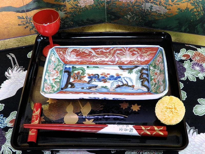 大聖寺伊万里　金襴手　龍に鳳凰　山水紋の図　長皿　356AS-DBl