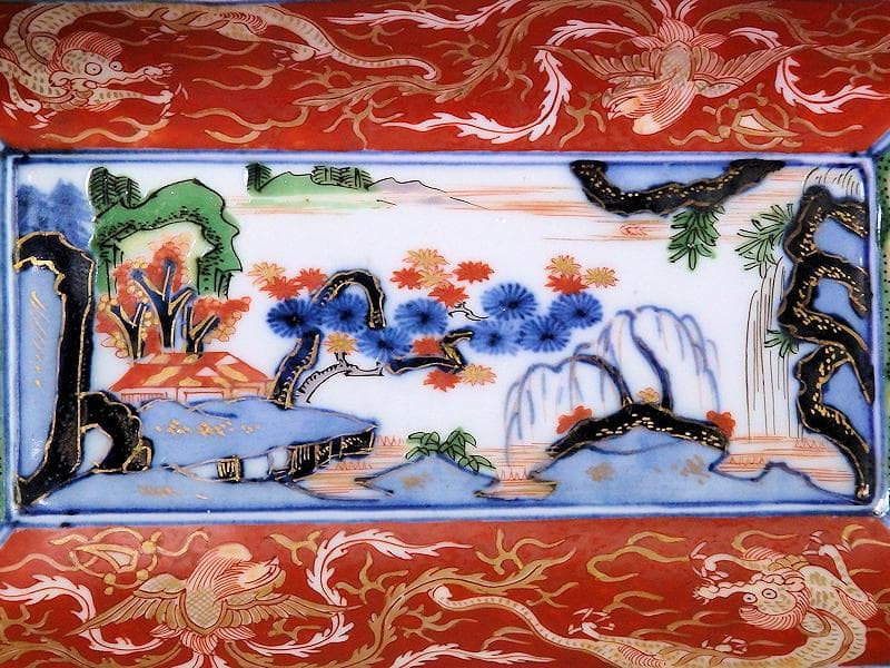 大聖寺伊万里　金襴手　龍に鳳凰　山水紋の図　長皿　356AS-DBl