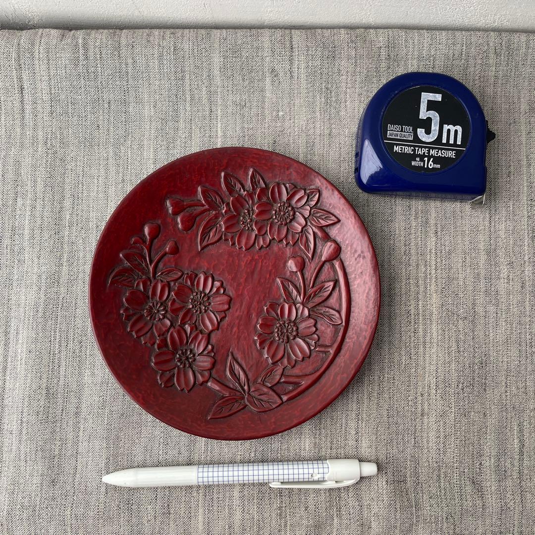 確認用　鎌倉彫　八重桜　サクラ　漆器　木製　木彫り　菓子皿　5寸皿