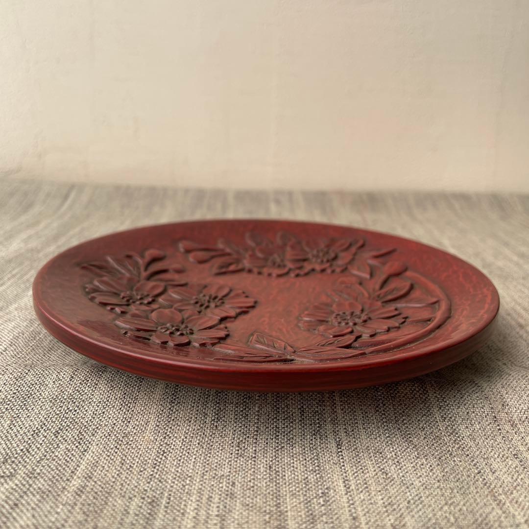 確認用　鎌倉彫　八重桜　サクラ　漆器　木製　木彫り　菓子皿　5寸皿