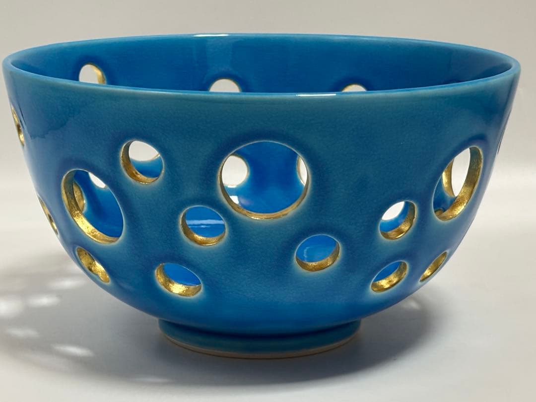 茶道具 中村翠嵐 浅黄交趾水玉透菓子器 菓子器 共箱