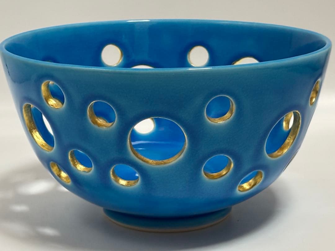 茶道具 中村翠嵐 浅黄交趾水玉透菓子器 菓子器 共箱