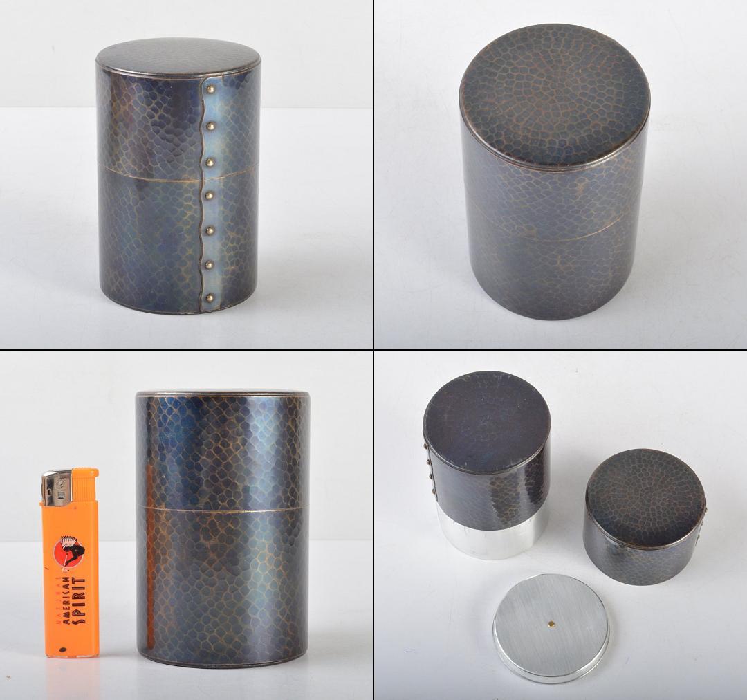 茶道具　鎚起銅器　玉川堂造　鋲打　茶筒　共箱　M　R4441