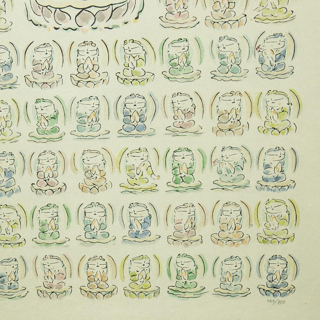 掛軸-1749　佐久間顕一　百体合掌童子　手彩木版画　共箱　太巻　限定九百五十部