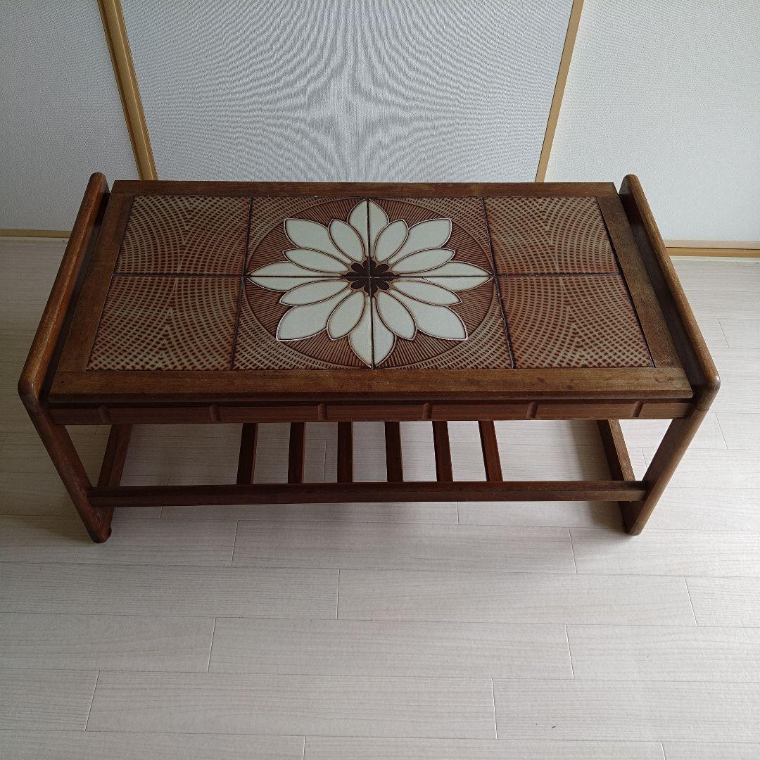 70B ヴィンテージ花模様タイル付きローテーブル