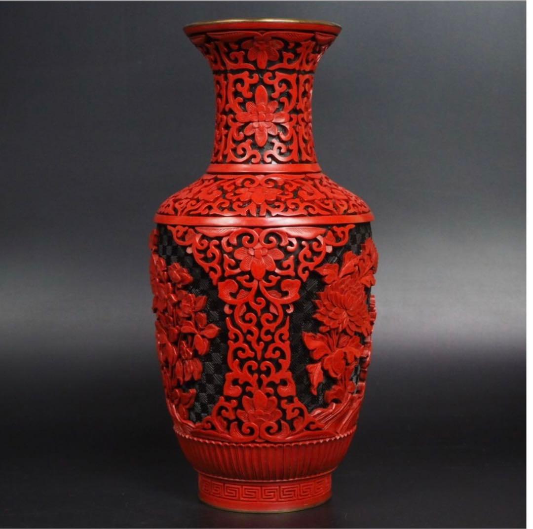 送料無料　極上高肉彫堆朱花瓶　台付　全高さ29ｃｍ　共箱　中国古玩骨董