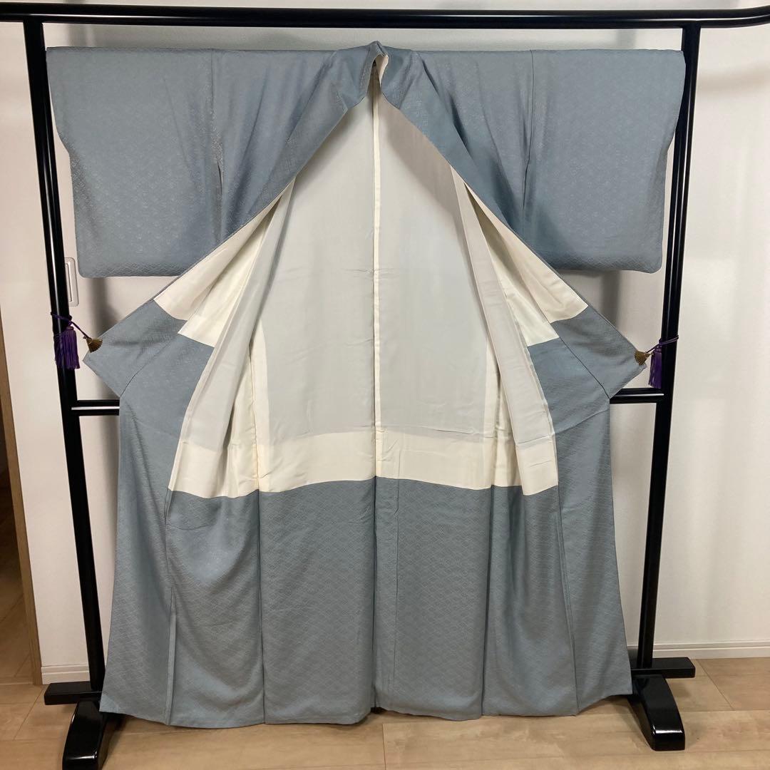 ZF-1346 色無地 地紋 正絹 燻んだ 水色 一つ紋 共八掛 美品 良品