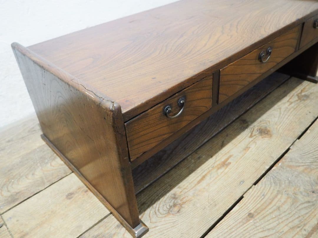 1266 アンティーク　抽斗3杯　欅の文机　一枚板　ローテーブル　レトロ　骨董