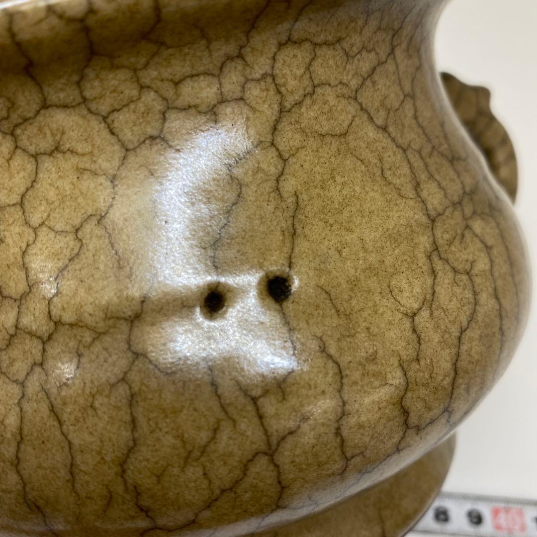 中国古窯　哥窯双耳香炉　高さ10.2㎝　トヒチル　東さ7-0728①