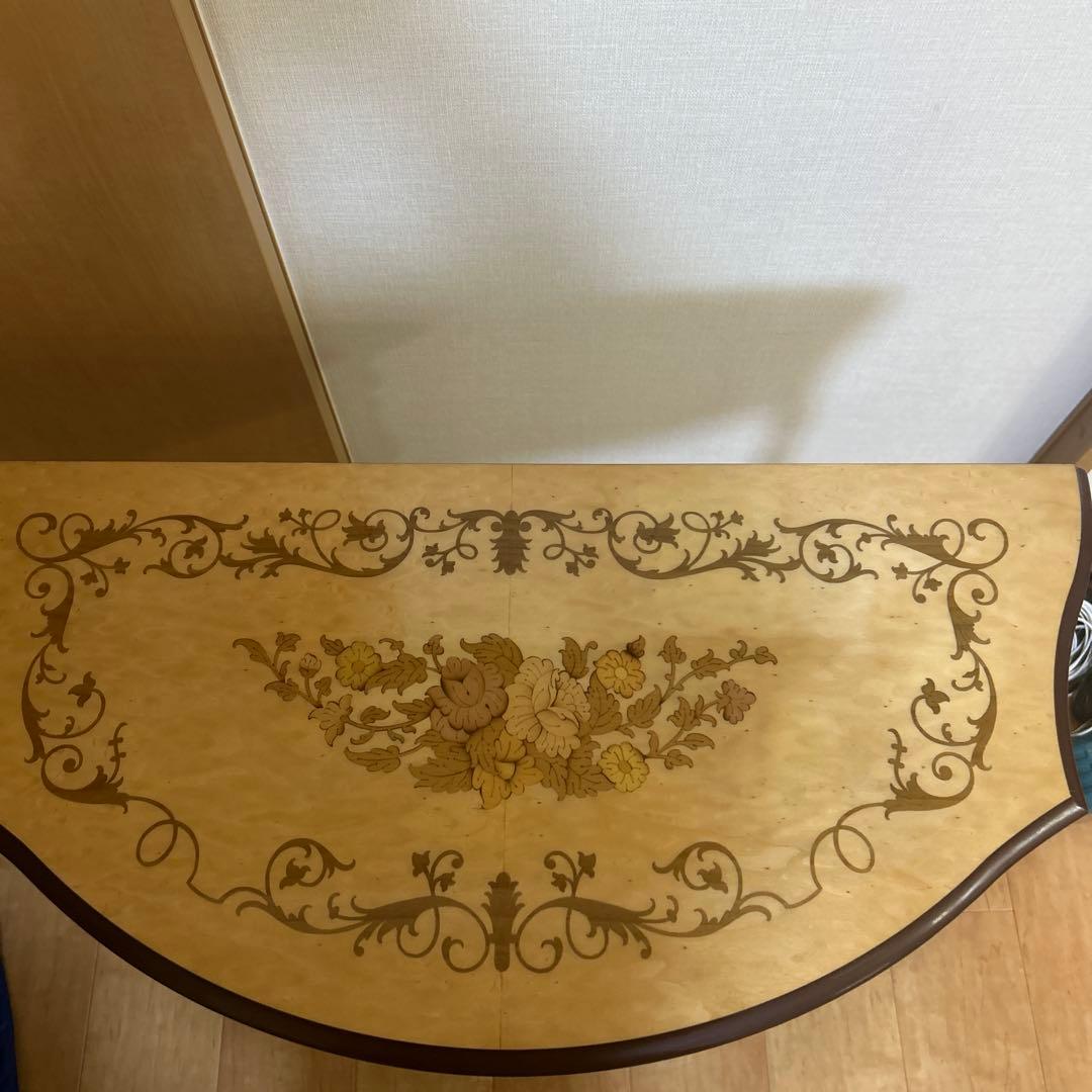 即日配送！花柄装飾 木製コンソールテーブル 半円形