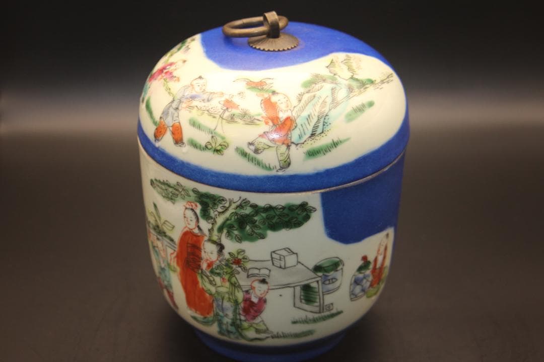 cckoy57835　中国美術品　大清同治年製　蓝釉人物粉彩茶壺　茶缶？