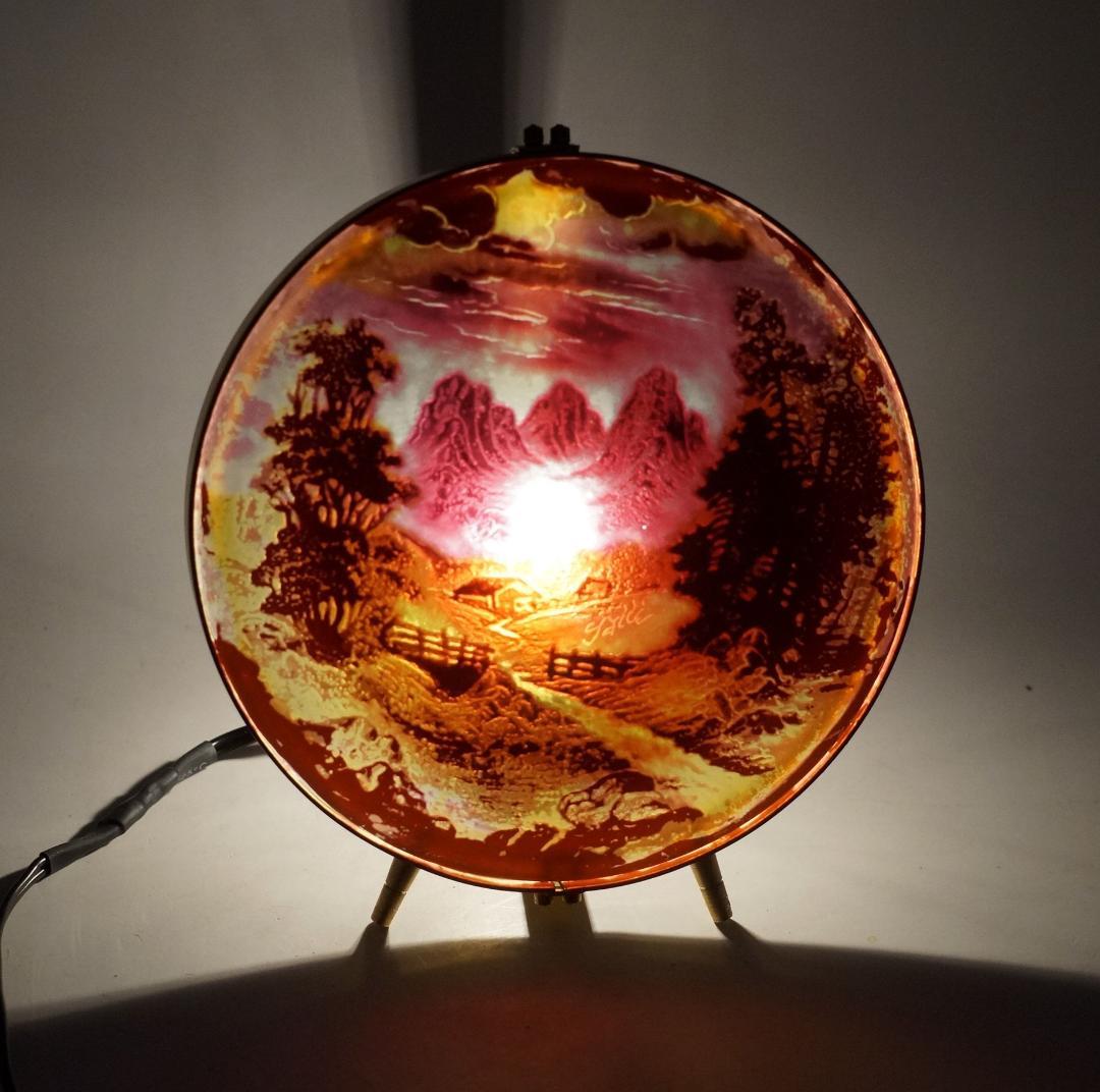 エミールガレ　山景紋 プレート 卓上照明　スタンド　技法カメオ彫 被せガラス