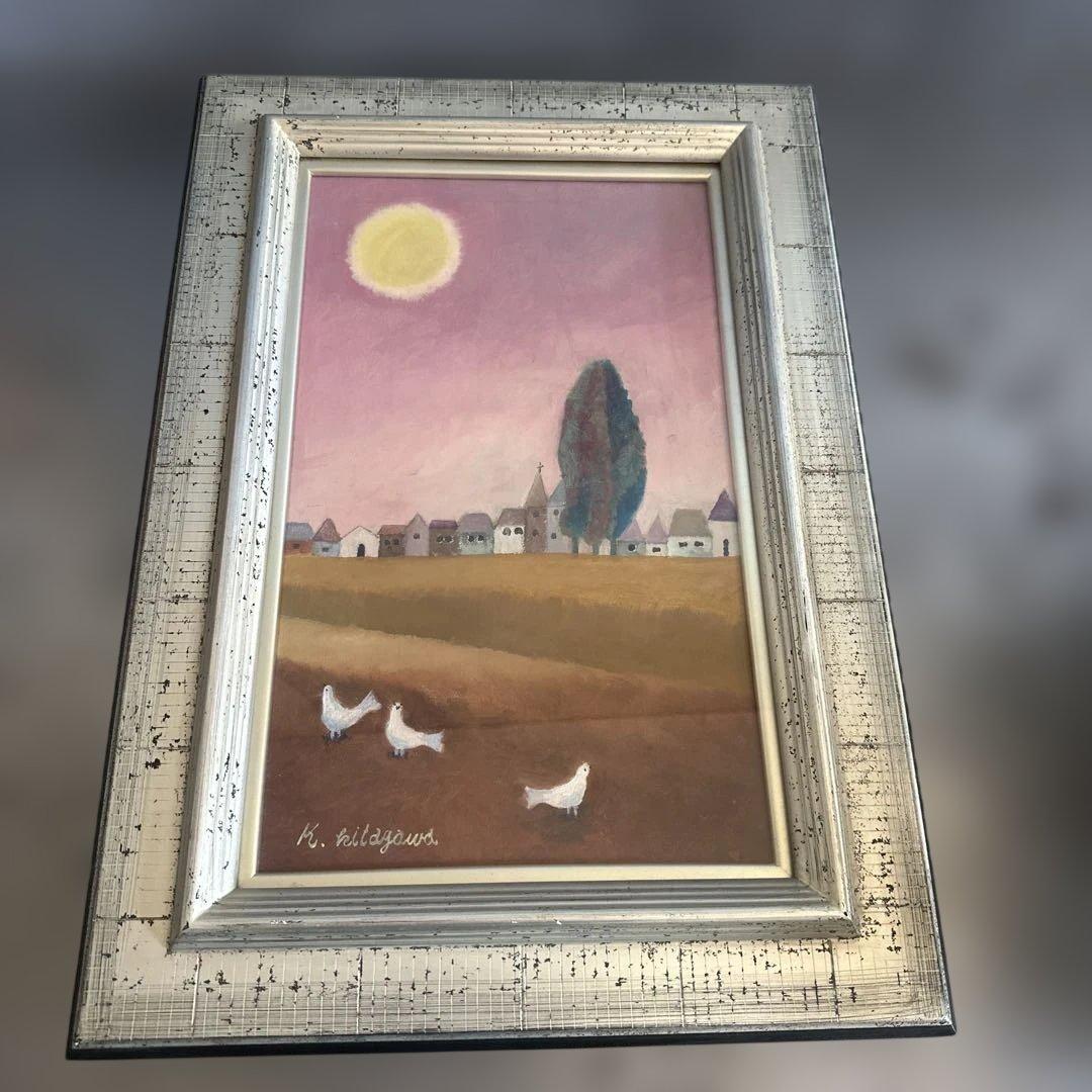 とても可愛らしく雰囲気のある抽象風景画 シルバーフレーム