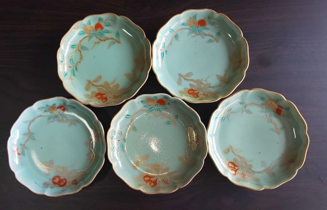 古伊万里 青磁 柿右衛門様式 金彩染付皿 5枚セット