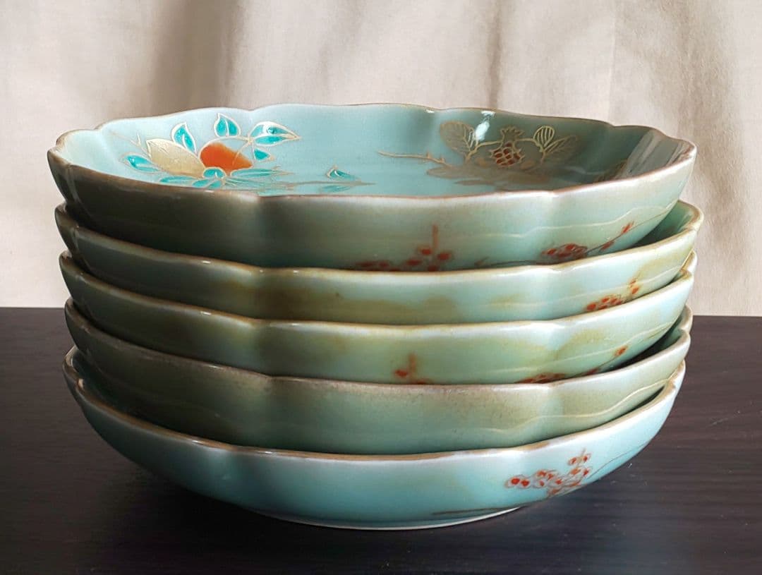 古伊万里 青磁 柿右衛門様式 金彩染付皿 5枚セット