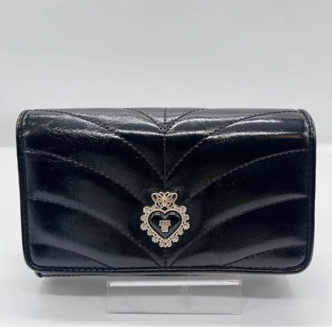 極美品 アナスイ ポワロ キルティング 二つ折り財布 ビジュー ブラック レザー