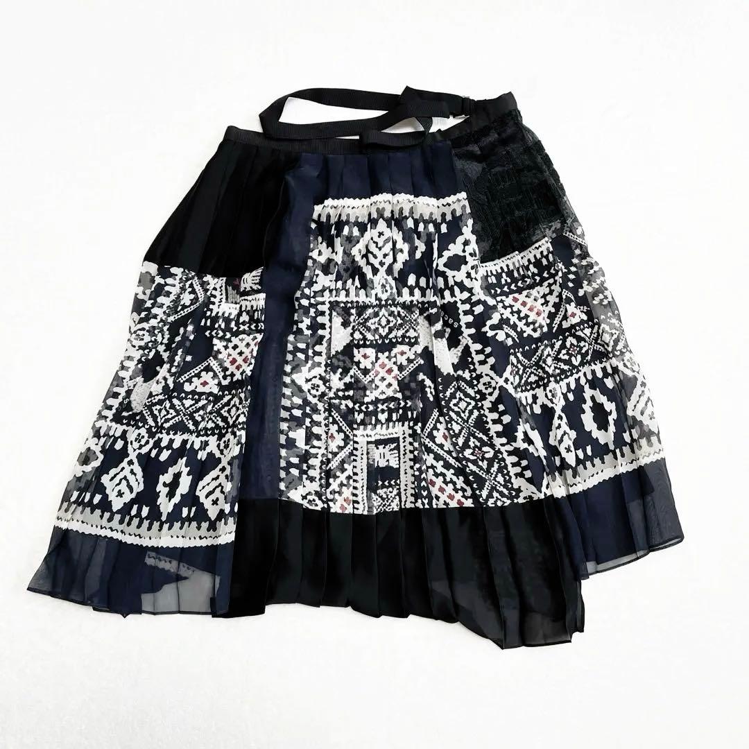 サカイ sacai 2018 プリーツ プリント ベルト スカート 1 ネイビー