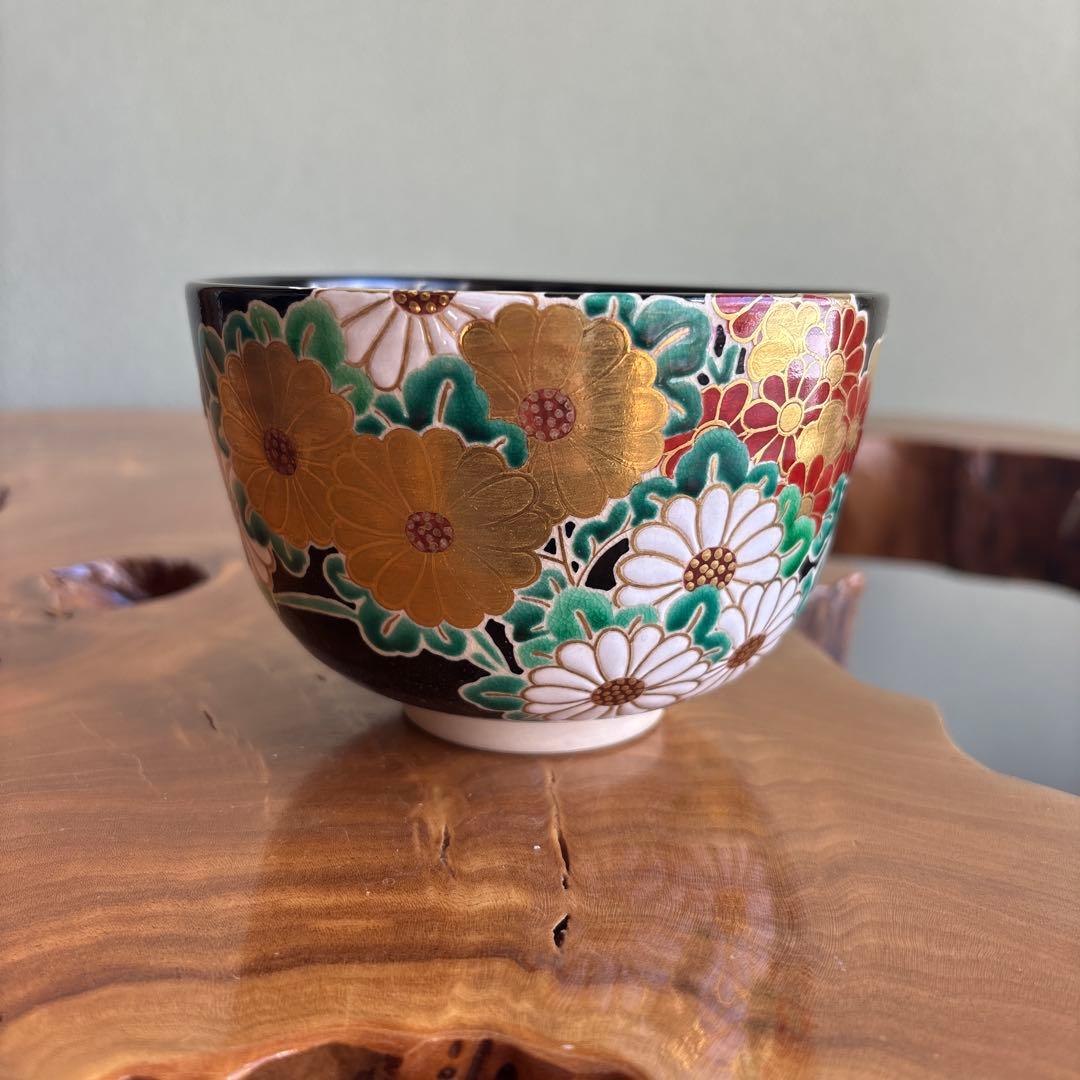 京焼 岡田赤雲 色絵菊 抹茶碗 茶道具 共箱(416Bd)