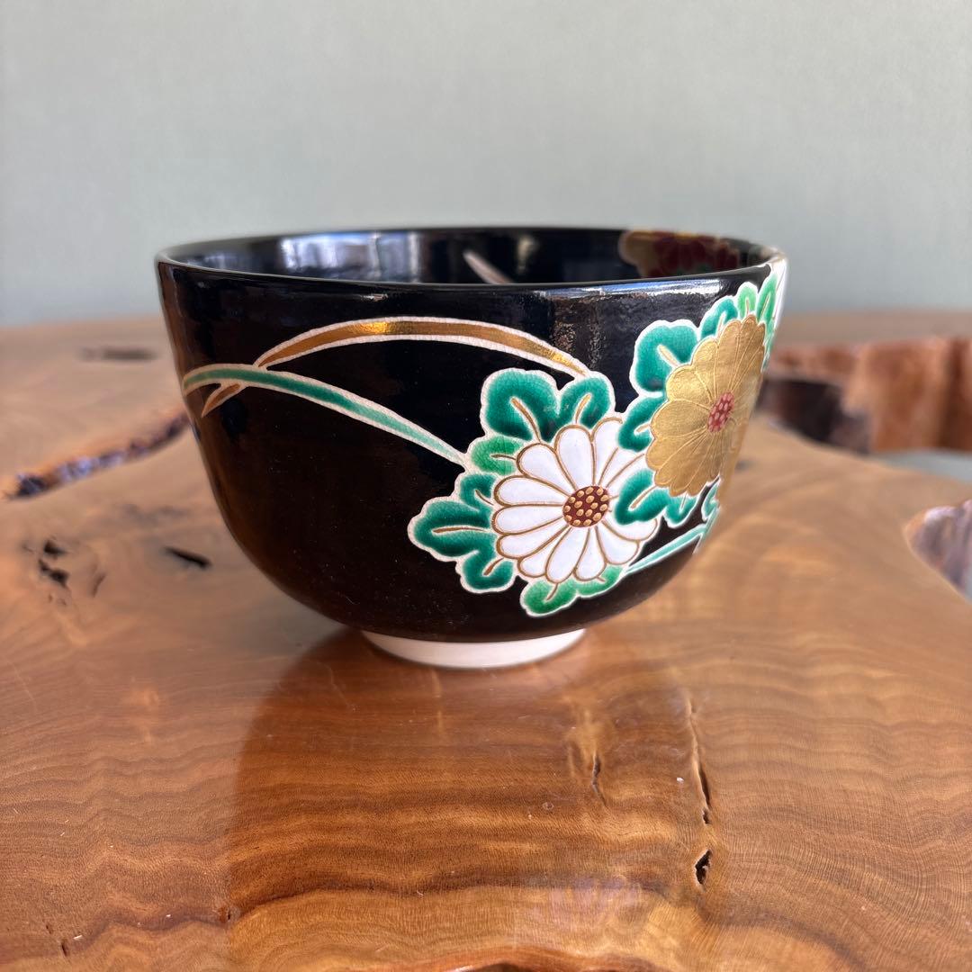 京焼 岡田赤雲 色絵菊 抹茶碗 茶道具 共箱(416Bd)