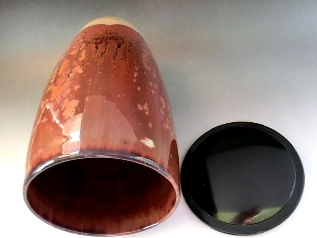 水指●筒水指 【春峰造】鉄釉 漆器蓋 塗蓋 茶釉 お茶道具 時代物 骨董品■