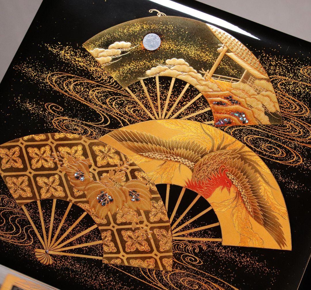 M667/輪島塗 桐鳳凰草花扇面金蒔絵 銀象嵌 螺鈿細工 黒塗内朱塗五段重 重台