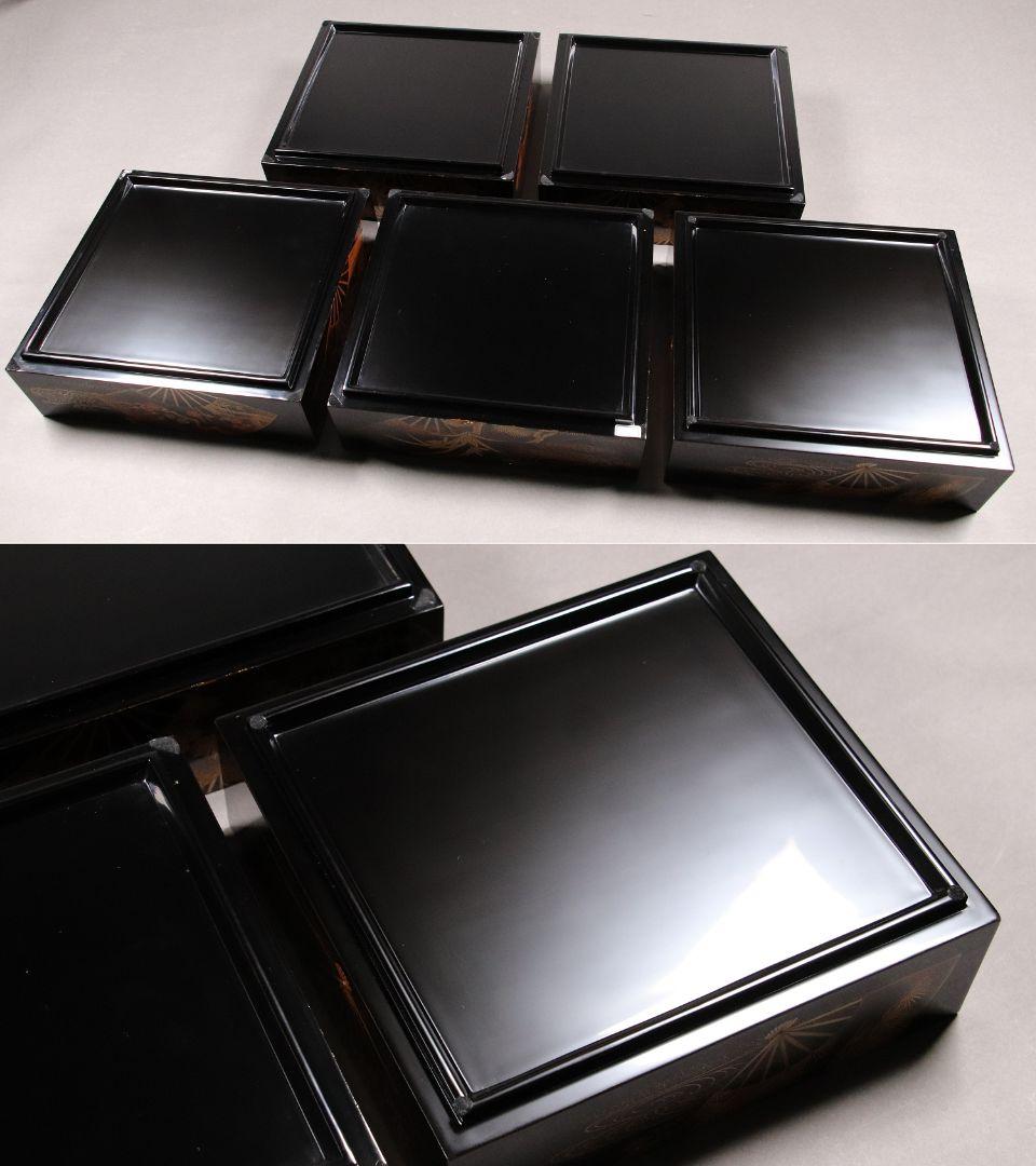 M667/輪島塗 桐鳳凰草花扇面金蒔絵 銀象嵌 螺鈿細工 黒塗内朱塗五段重 重台