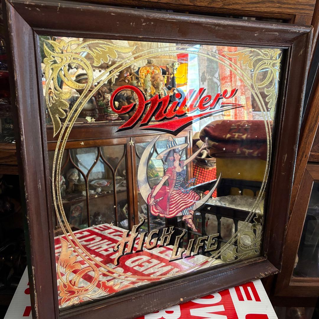 レア！70's アメリカアンティークmiller パブミラー鏡USAヴィンテージ
