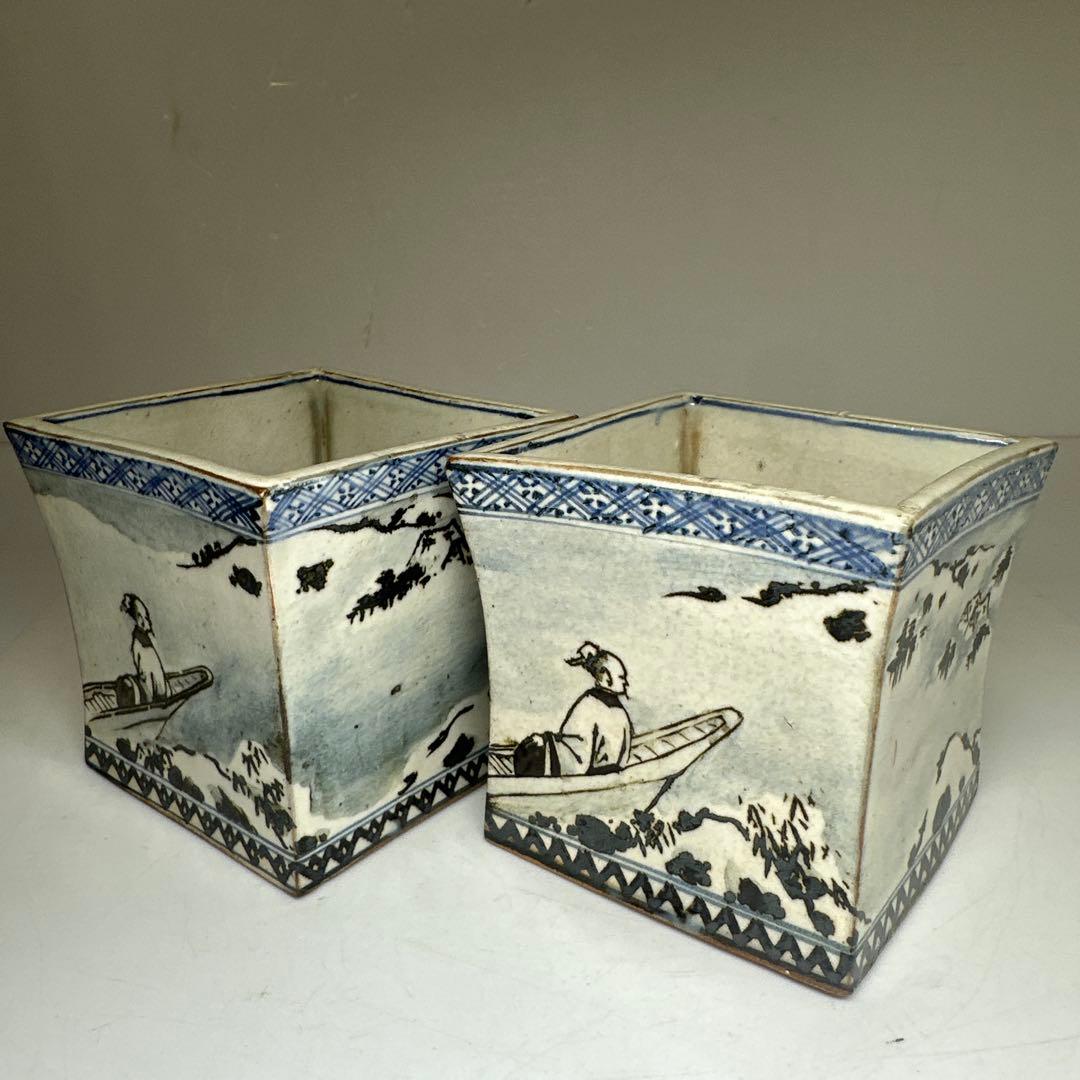 乾山作　雪景山水火入　一対　木箱付　幅約9㎝　本Y7-0414☆1Fトトオカ