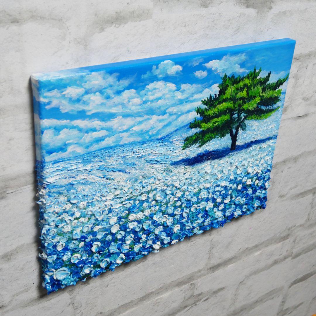 油絵 油彩 油彩画 絵 絵画 【青空のネモフィラの丘】F4号