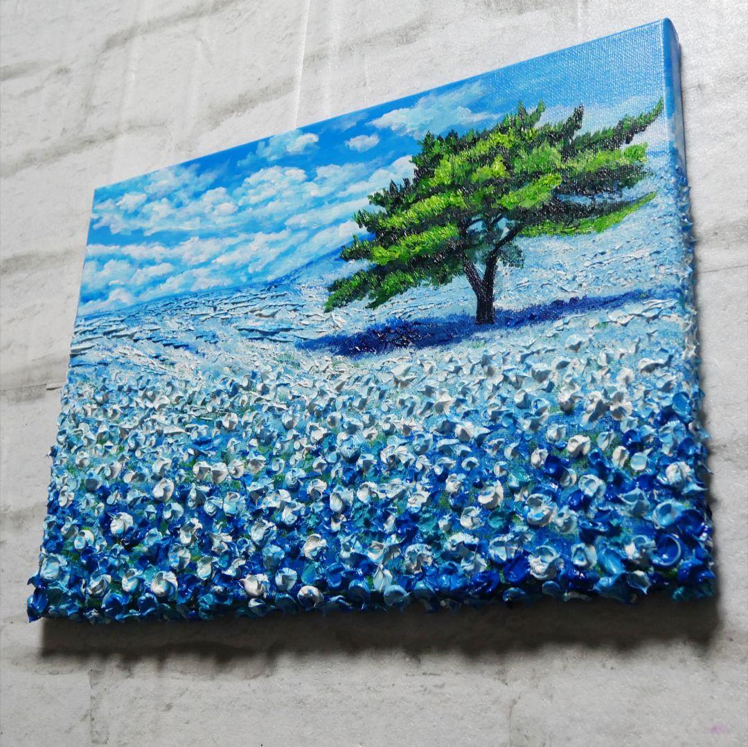 油絵 油彩 油彩画 絵 絵画 【青空のネモフィラの丘】F4号