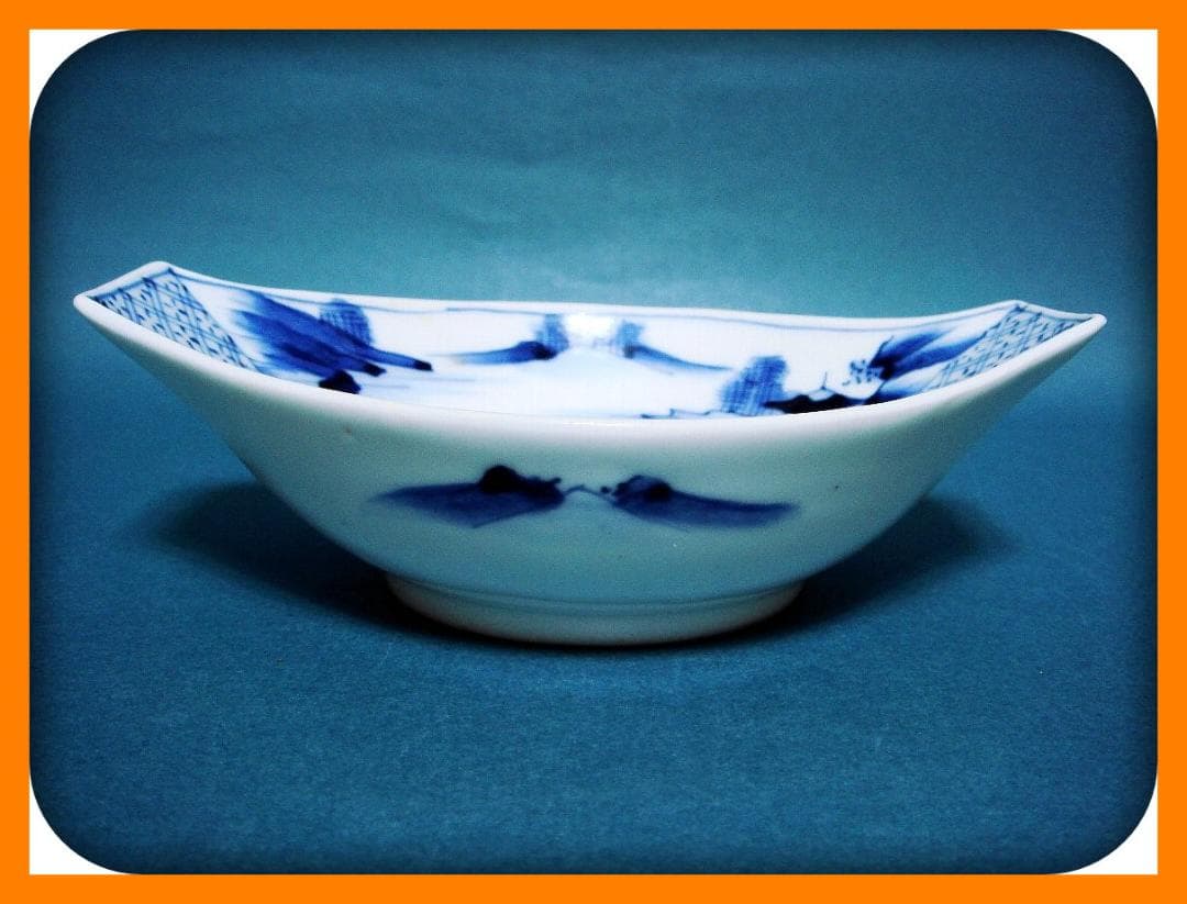 789『染付 花 山水 舟形皿』　/骨董品 古美術 古玩 アンティーク