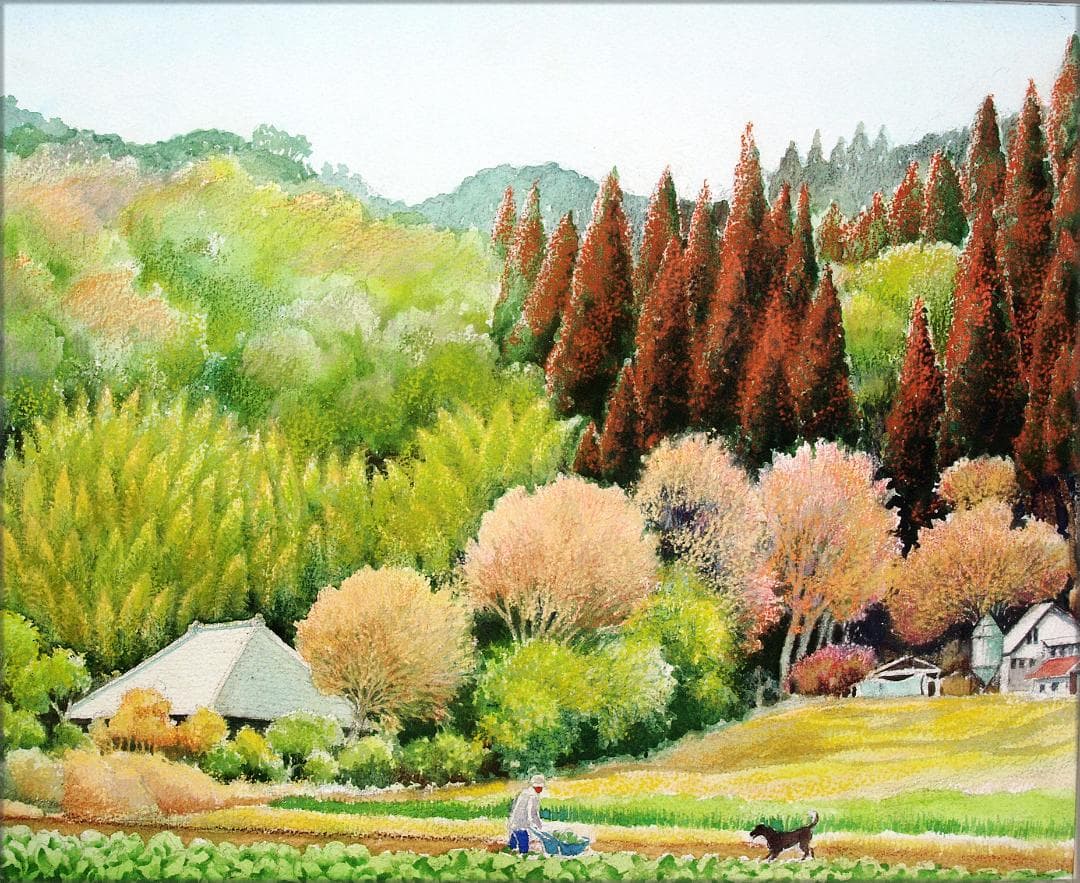絵画「里山のくらし」　水彩画