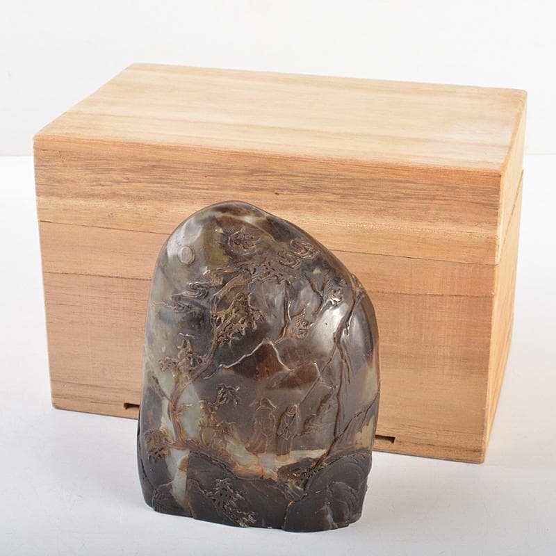 中国　玉石彫刻　山水人物刻　置物　合わせ箱　M　R5746