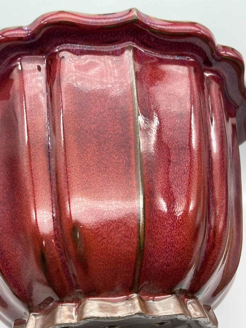 北宋時代 鈞窯　天青紫紅釉葵口盆　花入れ　鉢植え　窯変釉　辰砂(B-30)