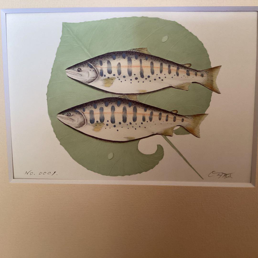 大場雅文作　山女魚アート画　作者サイン　【作品　額装裏】有り　制作NO０００１号