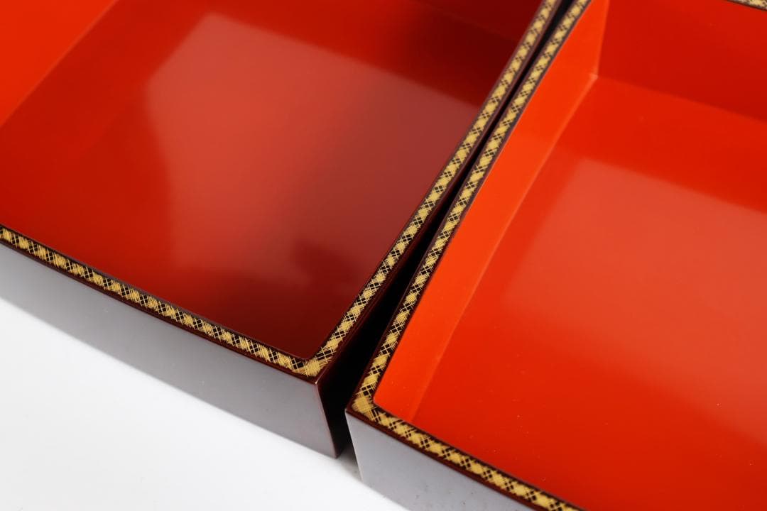 輪島塗 溜塗 網代 沈金 三段重 弁当箱 重箱 共箱