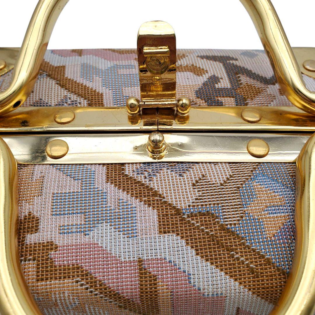 美品 ヴィンテージ調 タペストリー トランクバッグ バニティ 織物 ゴールド金具