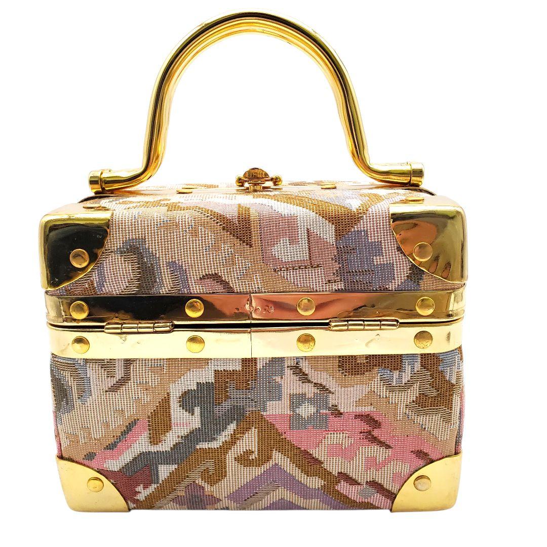 美品 ヴィンテージ調 タペストリー トランクバッグ バニティ 織物 ゴールド金具