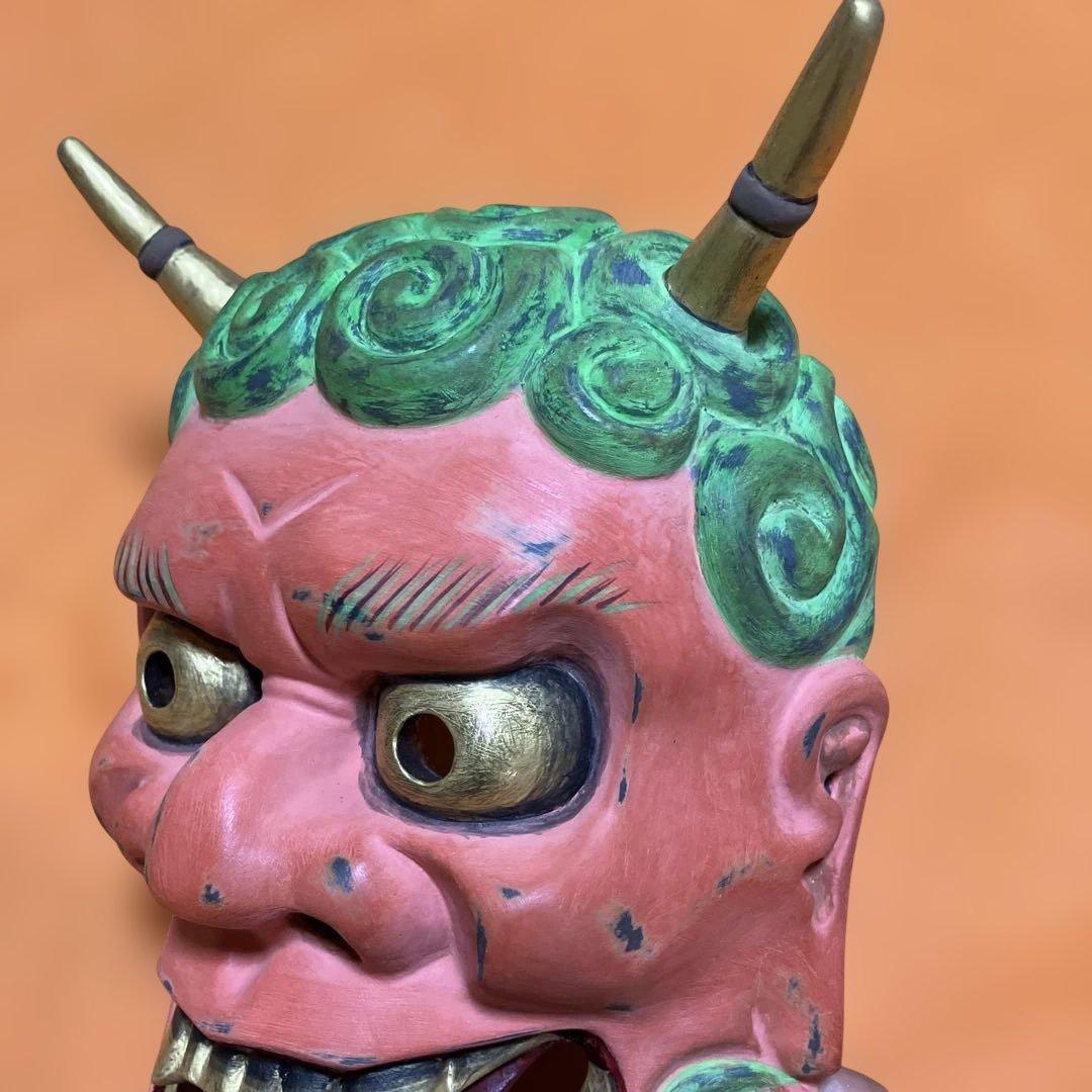 能面　雷　かみなり　木彫り　手彫り　桐箱