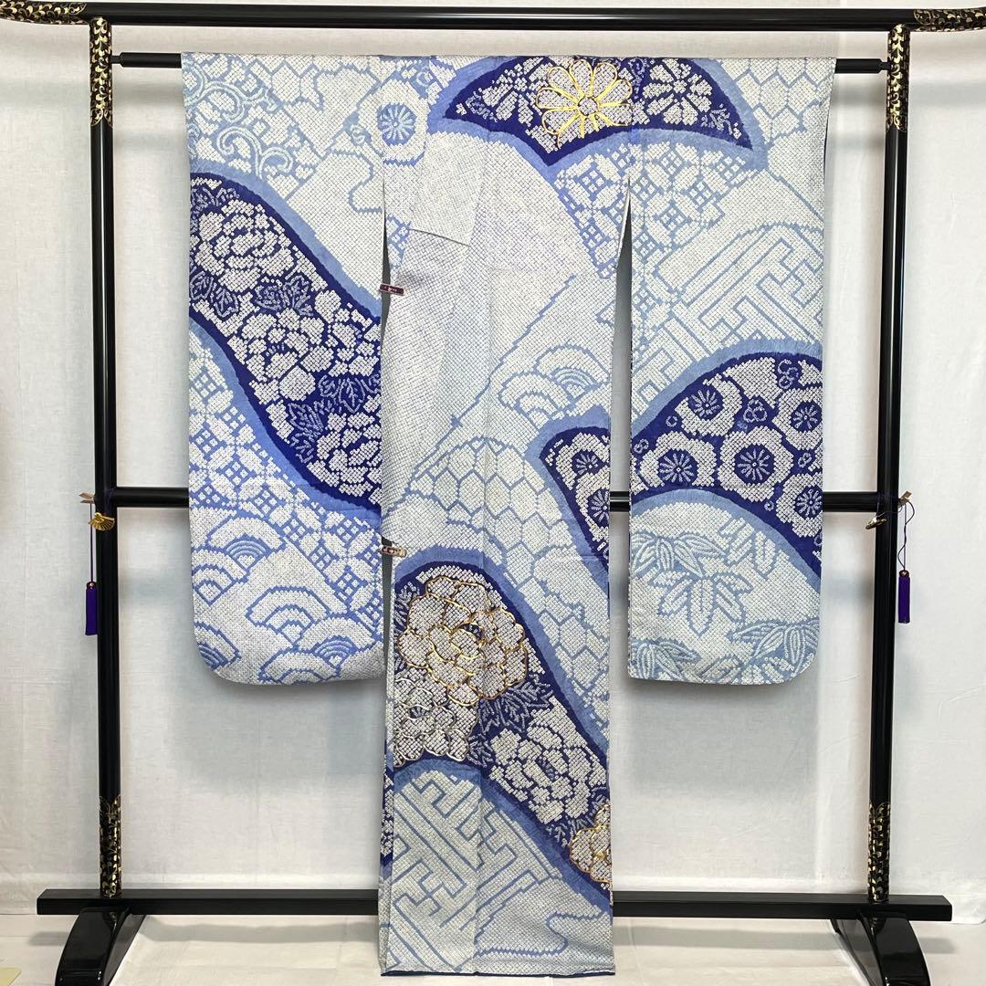 D789 振袖　総絞り　金駒刺繍　正絹　着物　袷