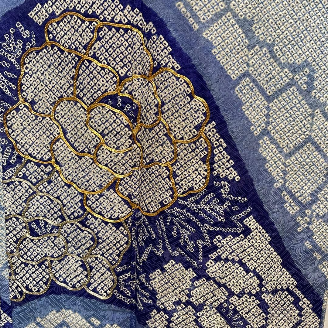 D789 振袖　総絞り　金駒刺繍　正絹　着物　袷