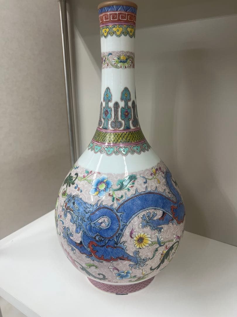 中国乾隆年製長頸瓶骨董唐物アンティーク古美術江戸青磁手描きドラゴン模様の陶器瓶