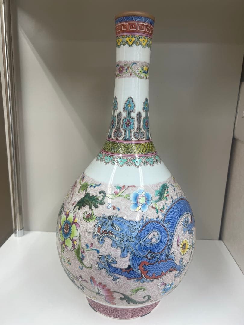 中国乾隆年製長頸瓶骨董唐物アンティーク古美術江戸青磁手描きドラゴン模様の陶器瓶