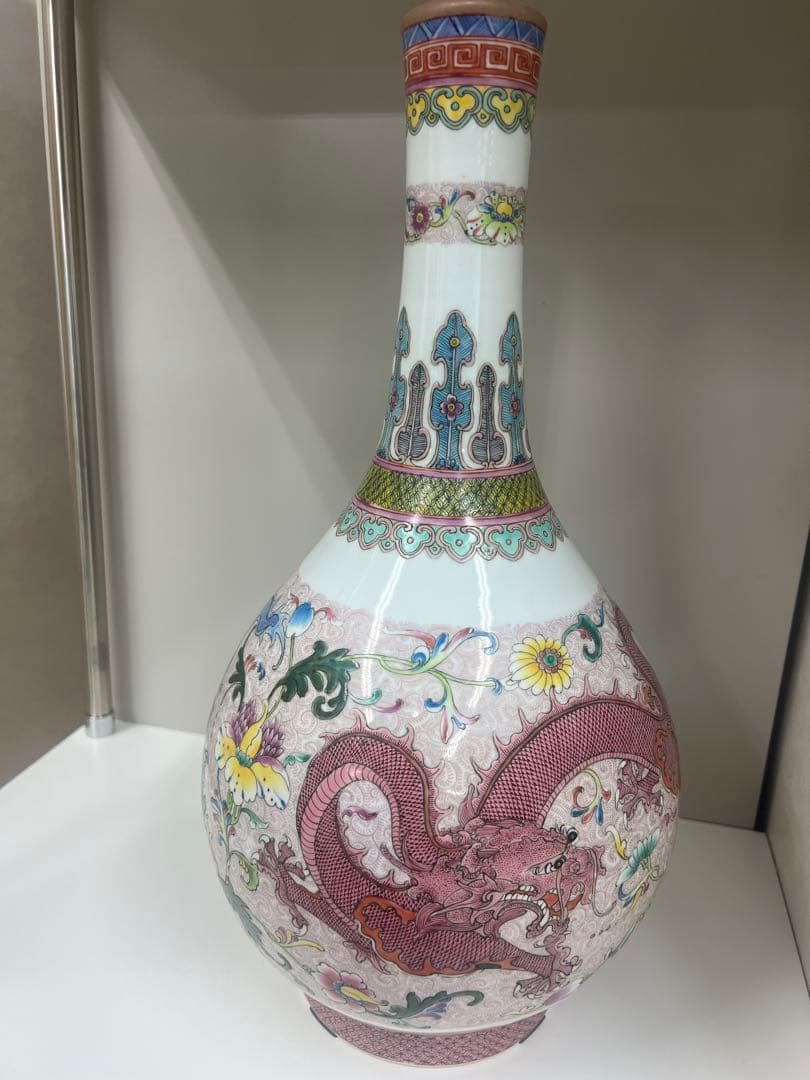 中国乾隆年製長頸瓶骨董唐物アンティーク古美術江戸青磁手描きドラゴン模様の陶器瓶