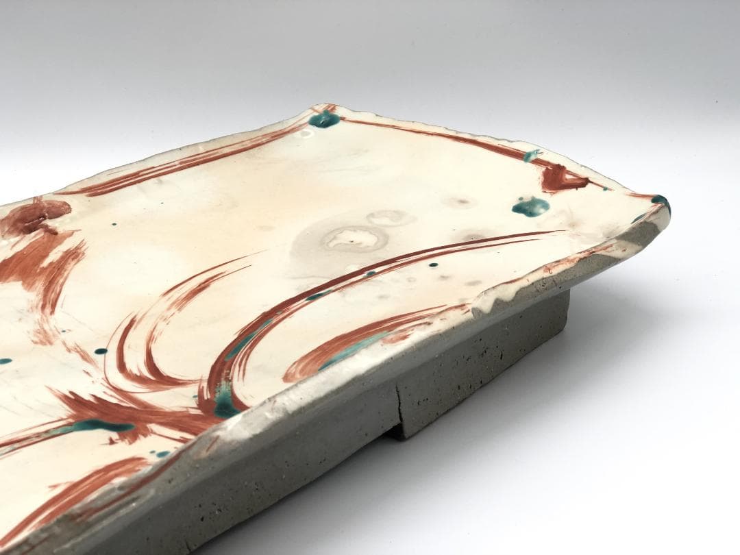 【 古陶磁赤絵 高台角皿 】　厚胎大皿　呉須赤絵/古清水　蔵出骨董