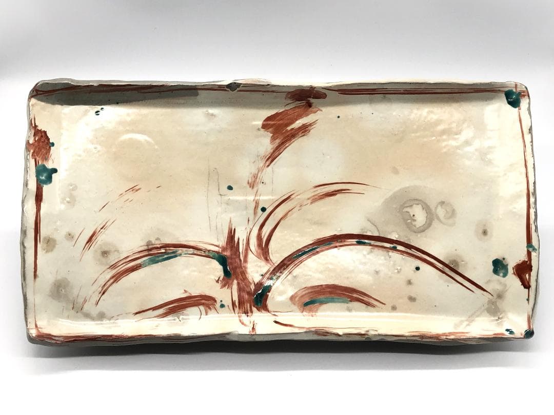 【 古陶磁赤絵 高台角皿 】　厚胎大皿　呉須赤絵/古清水　蔵出骨董